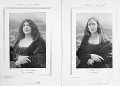 La Belle Otero en Mistinguett als de Mona Lisa, uit een artikel Les Sourires qui Nous Restent in Comoedia Illustre, 1911 door Talbot